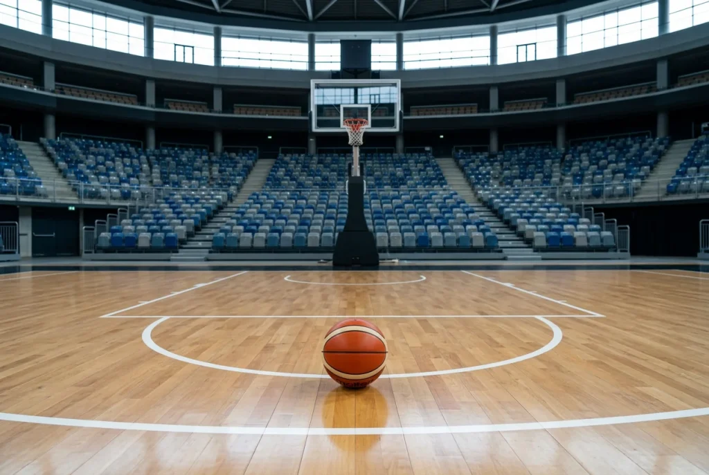 Basketball auf dem Hallenboden einer EuroLeague-Arena mit Blick auf die leeren Ränge