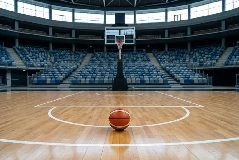 Basketball auf dem Hallenboden einer EuroLeague-Arena mit Blick auf die leeren Ränge