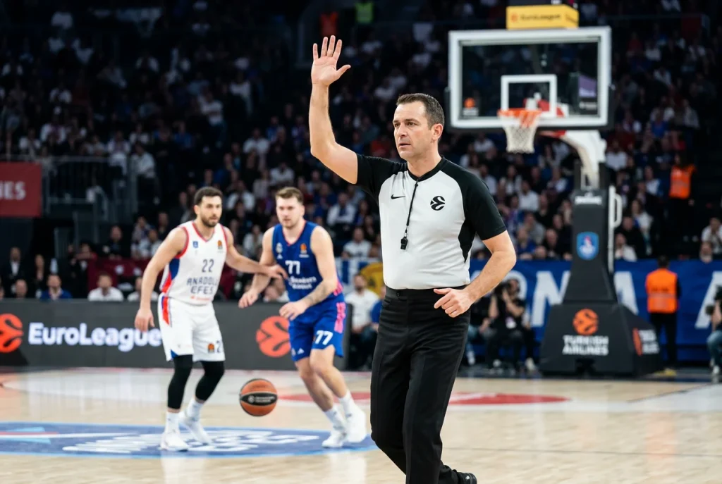 Schiedsrichter zeigt auf dem Parkett eines EuroLeague-Basketballspiels eine Entscheidung an
