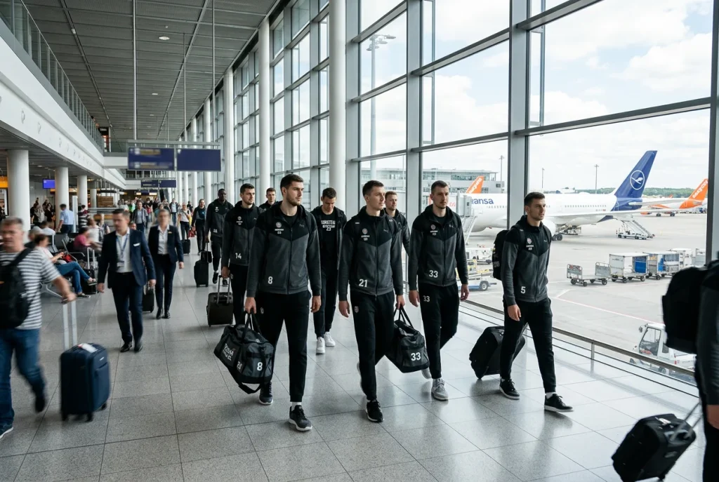 Basketballteam mit Sporttaschen beim Verlassen des Flughafens während einer dichten Spielwoche