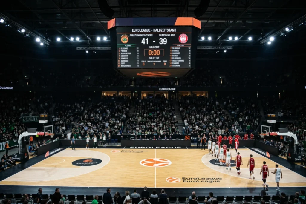 EuroLeague-Anzeigetafel zur Halbzeit mit Zwischenstand beider Teams