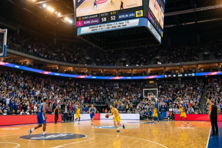 Anzeigetafel eines EuroLeague-Spiels mit Punktestand und eingeblendeter Handicap-Linie