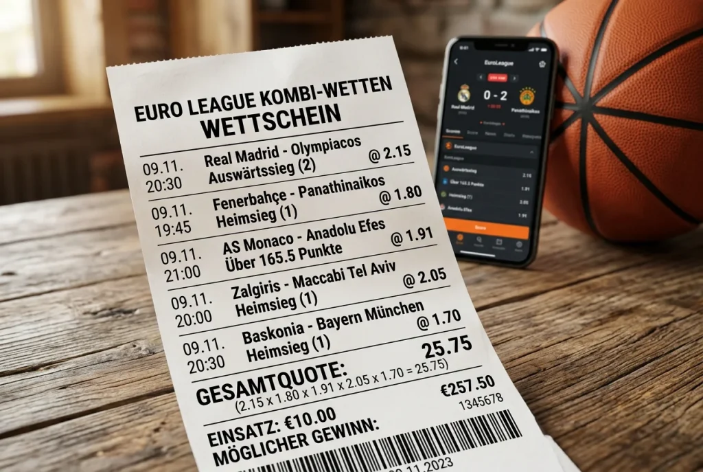 Wettschein mit mehreren EuroLeague-Auswahlen und multiplizierter Gesamtquote