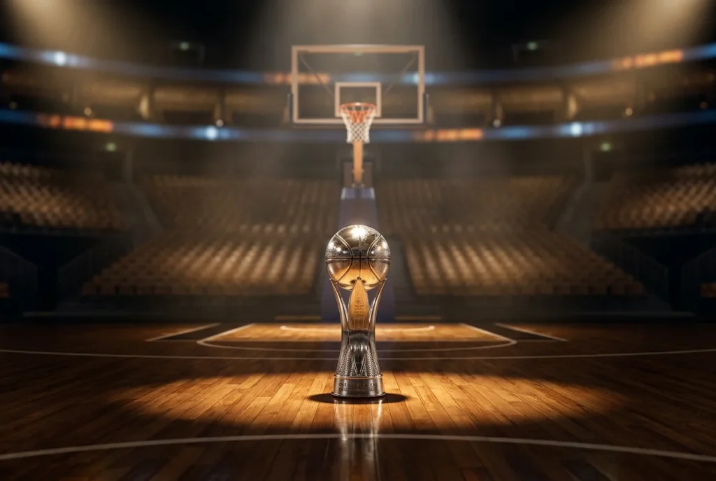 EuroLeague-Meistertrophäe auf dem Parkett einer leeren Basketballarena