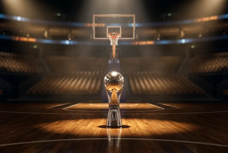 EuroLeague-Meistertrophäe auf dem Parkett einer leeren Basketballarena