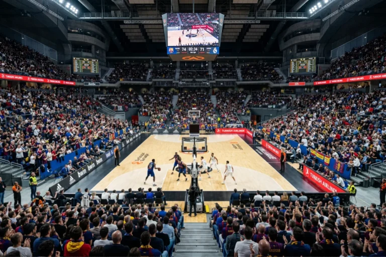 Weitwinkelaufnahme einer gut gefüllten EuroLeague-Basketballarena während eines Spiels