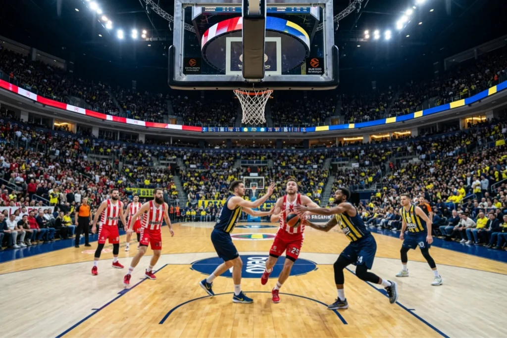 Basketballspiel auf dem Parkett einer vollbesetzten europäischen Basketballarena