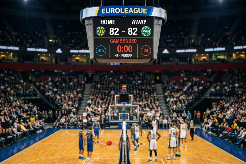Anzeigetafel mit Spielstand-Gleichstand am Ende der vierten Periode eines EuroLeague-Spiels