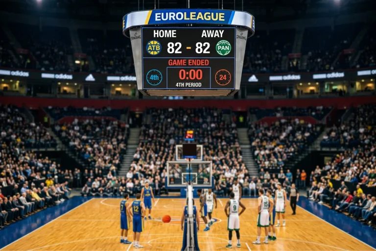Anzeigetafel mit Spielstand-Gleichstand am Ende der vierten Periode eines EuroLeague-Spiels