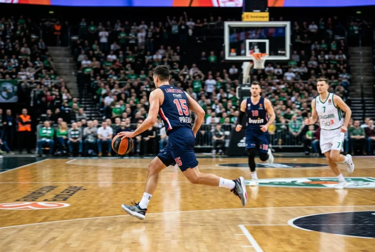 Basketballteam im schnellen Umschaltspiel auf dem Parkett einer EuroLeague-Partie