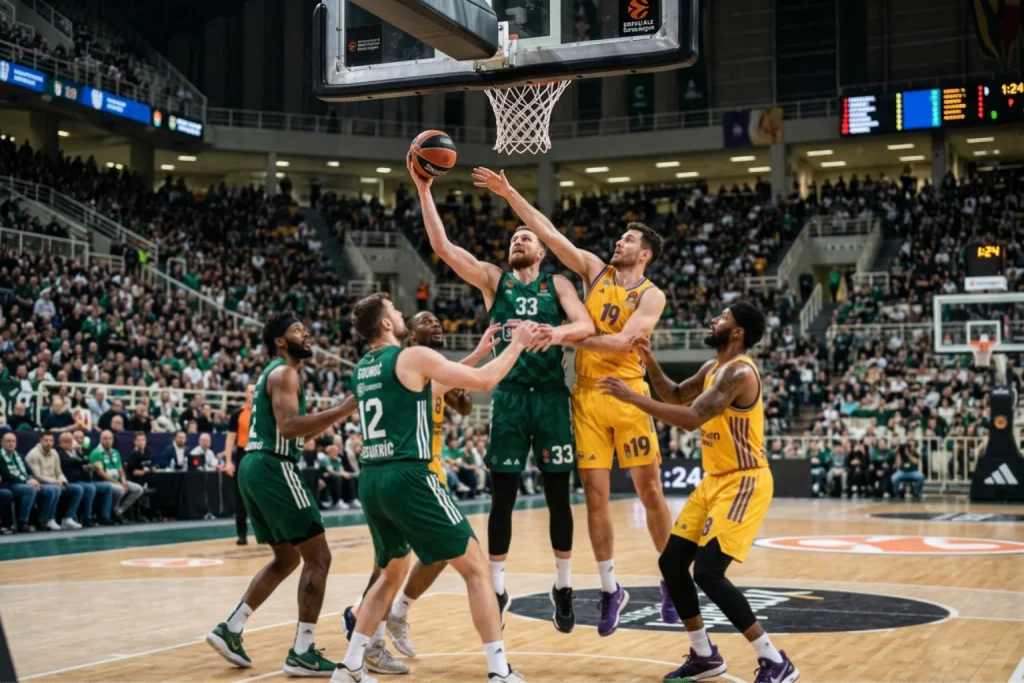 Angespannte Basketballszene auf dem Parkett in einem entscheidenden EuroLeague-Play-In-Spiel