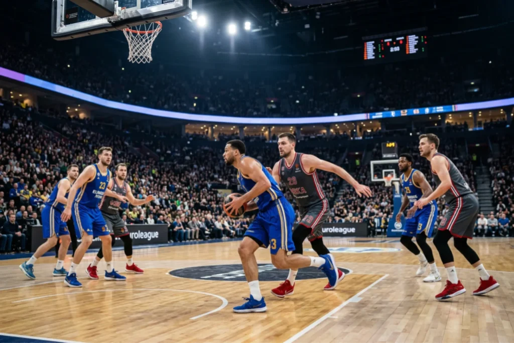 Zwei Basketballteams im intensiven EuroLeague-Playoff-Duell auf dem Parkett vor voller Tribüne