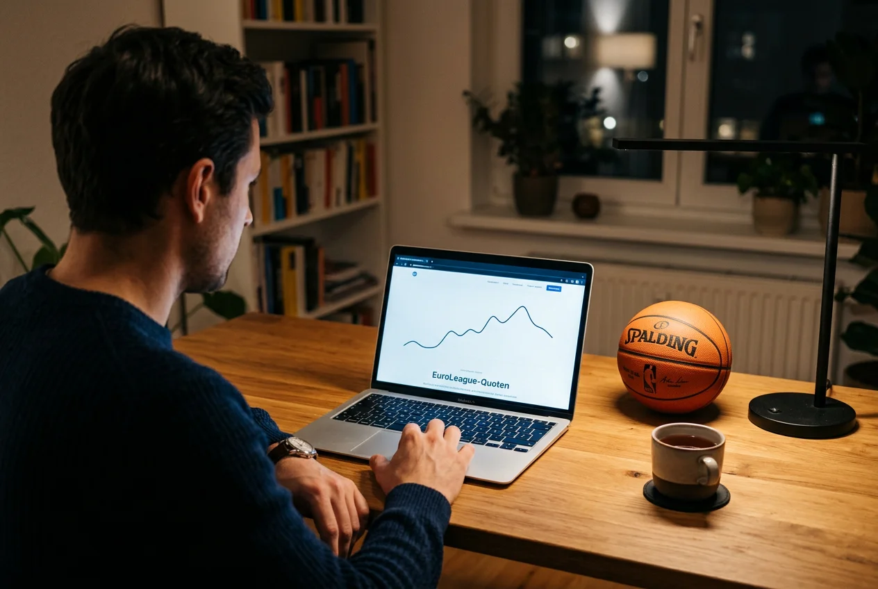 Person analysiert EuroLeague-Quoten am Laptop mit einem schlichten Liniendiagramm auf dem Bildschirm