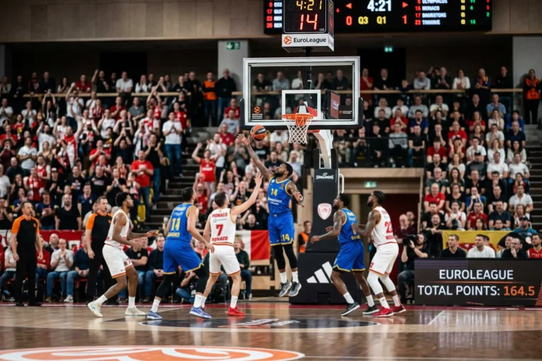 EuroLeague-Spielszene mit eingeblendeter Gesamtpunkte-Linie für eine Über-Unter-Wette
