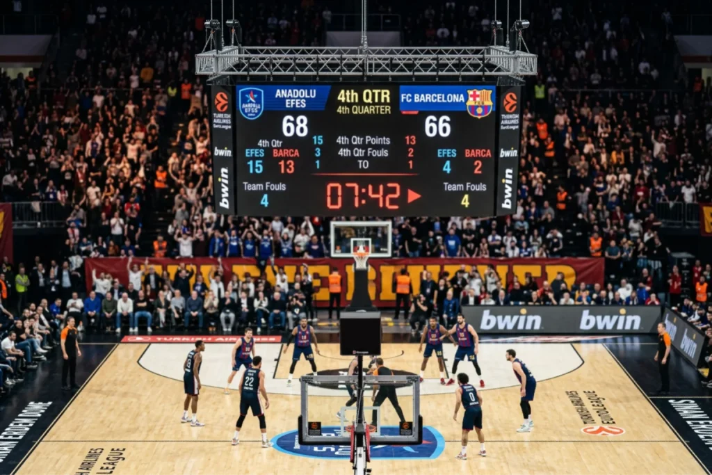 EuroLeague-Anzeigetafel mit Viertelstand und laufender Spieluhr