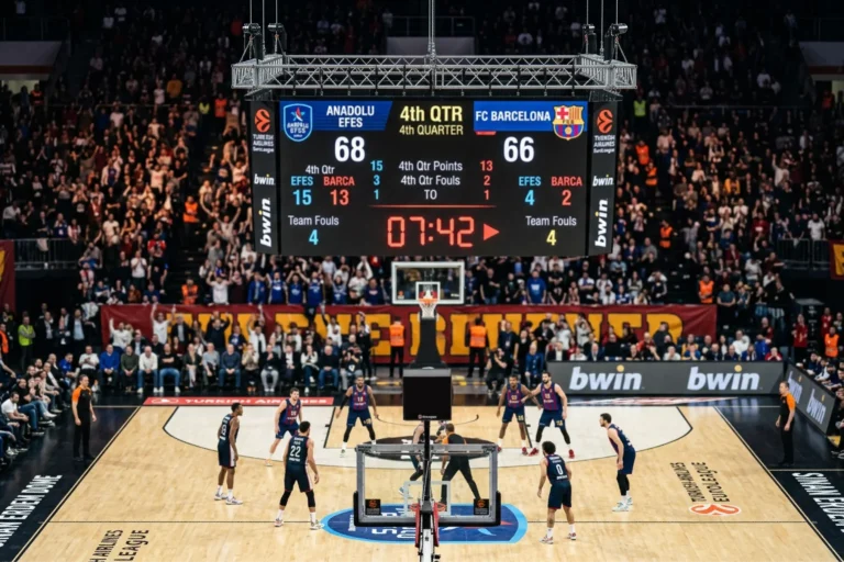 EuroLeague-Anzeigetafel mit Viertelstand und laufender Spieluhr