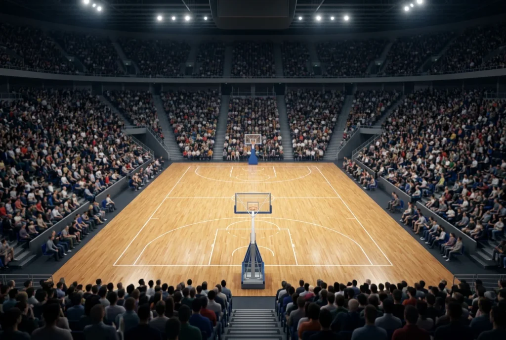 Volle EuroLeague-Basketballarena mit Parkettfeld vor dem Anpfiff