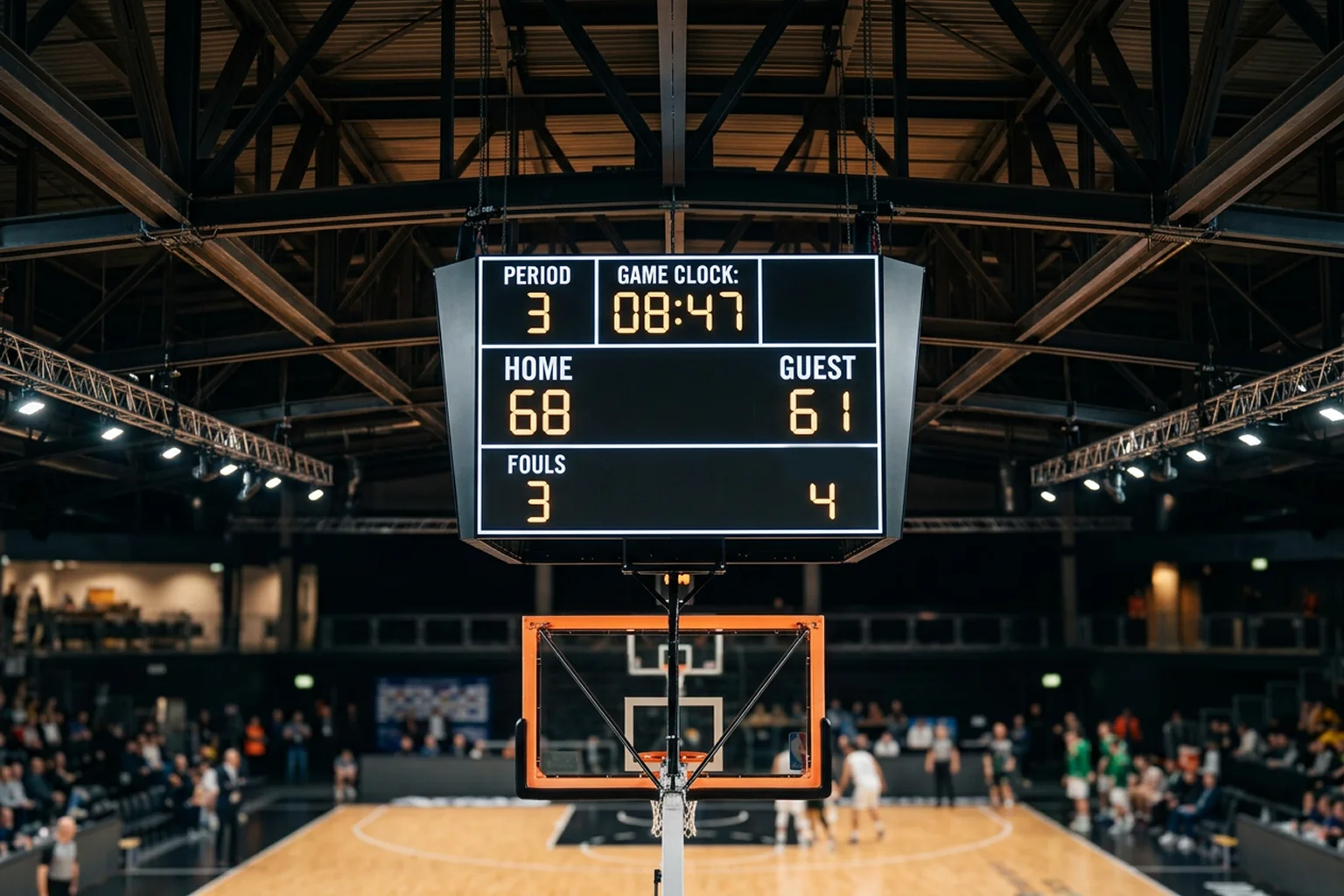 Digitale Anzeigetafel in einer Basketballhalle zeigt Spielstand und Restzeit eines EuroLeague-Spiels