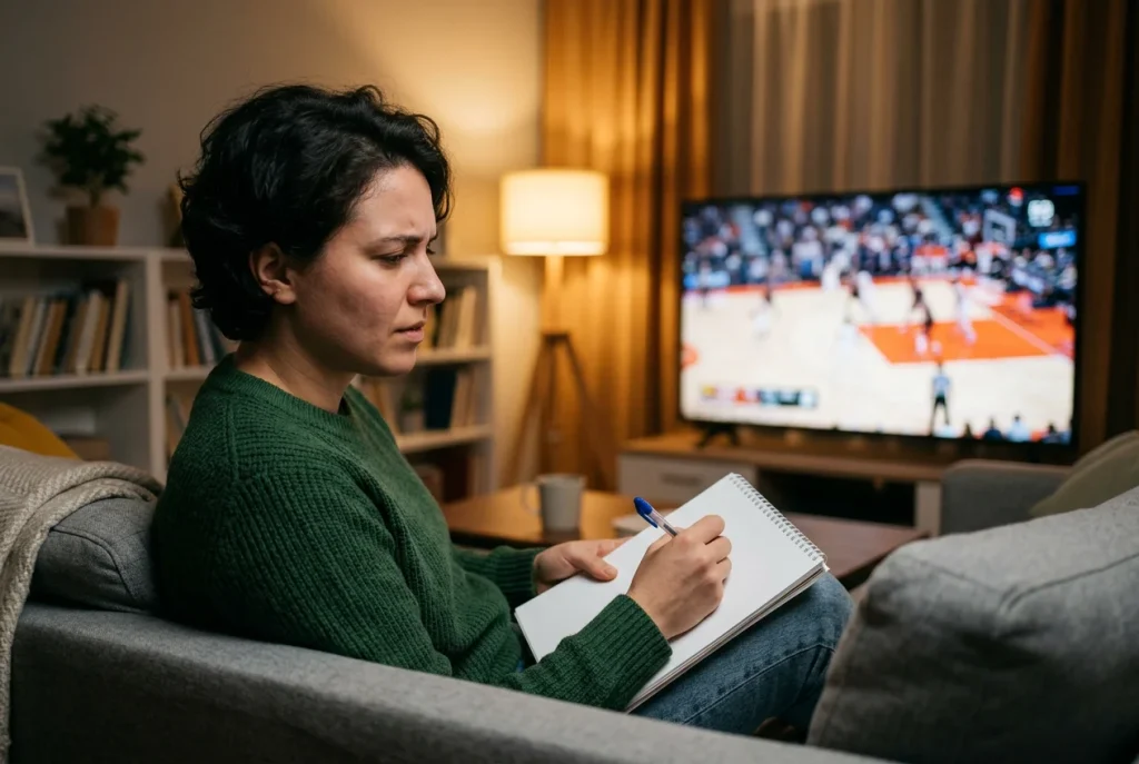 Anfänger schaut konzentriert auf ein EuroLeague-Spiel und ein Notizblatt