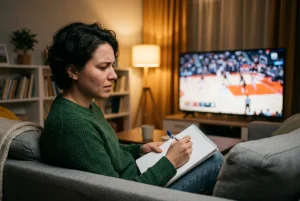 Anfänger schaut konzentriert auf ein EuroLeague-Spiel und ein Notizblatt
