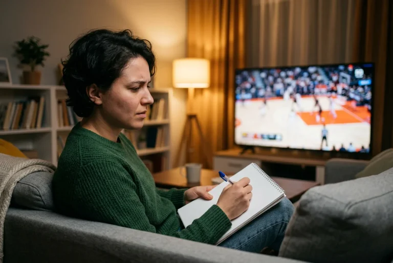 Anfänger schaut konzentriert auf ein EuroLeague-Spiel und ein Notizblatt