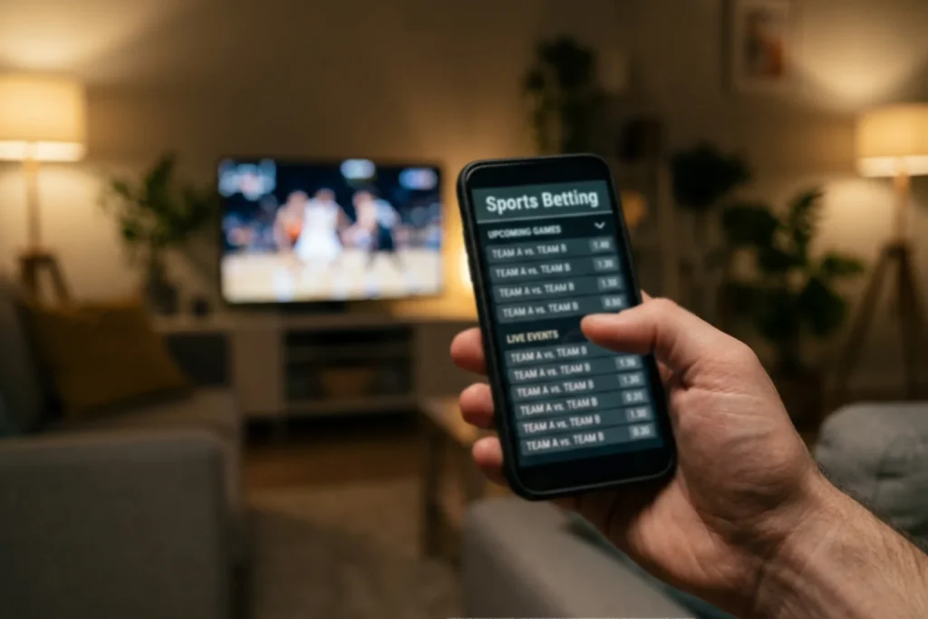 Hand hält ein Smartphone mit einer EuroLeague-Wett-App während eines Spiels