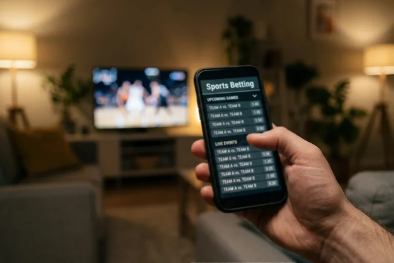 Hand hält ein Smartphone mit einer EuroLeague-Wett-App während eines Spiels