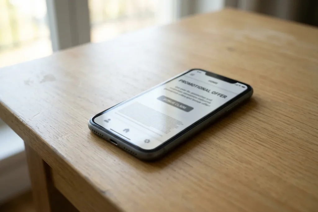 Smartphone-Bildschirm mit einem Bonusangebot und Kleingedrucktem
