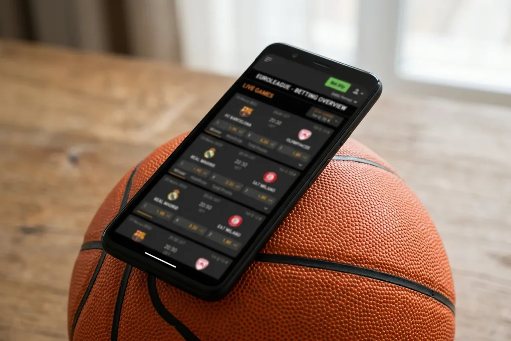 Smartphone mit einer EuroLeague-Basketball-Wettübersicht liegt auf einem Basketball