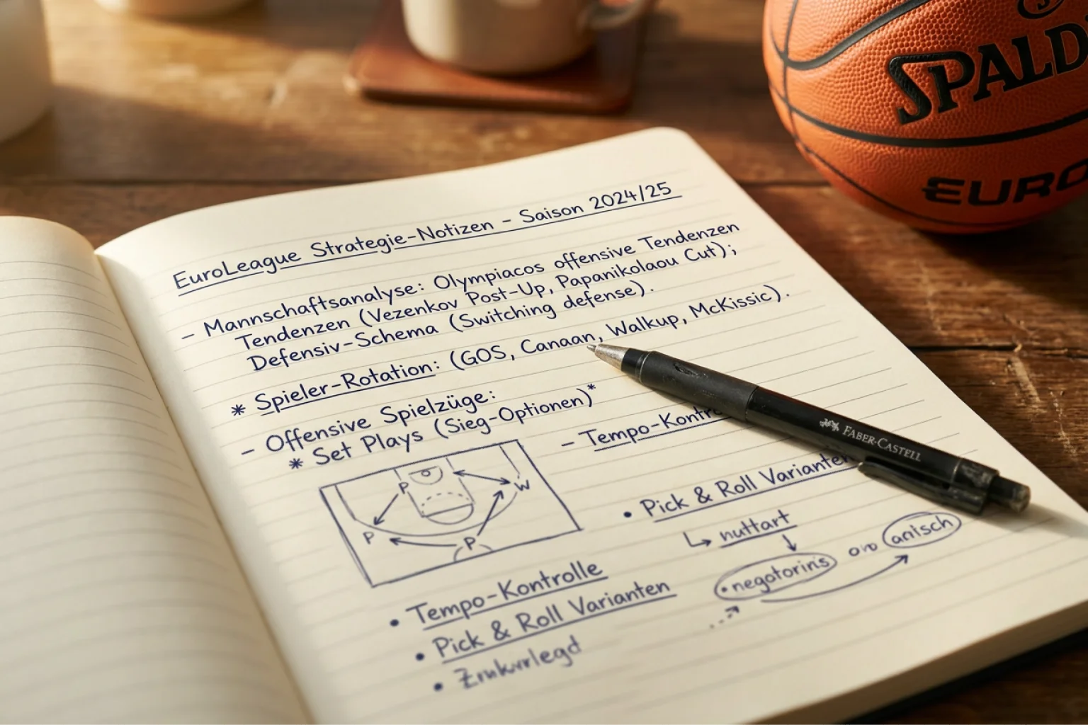 Handschriftliche Notizen in einem Notizbuch neben einem Basketball als Sinnbild für eine systematische Wettstrategie